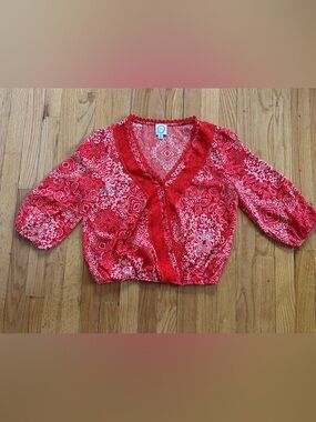 Blue Rain Red Paisley Lace-Trim V-Neck Blouse